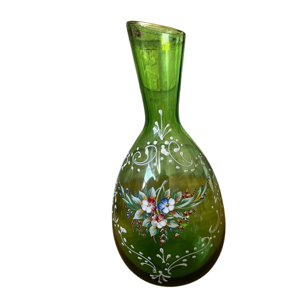 Vintage Bohemian Cordial Decanter Hand-Painted Cordial Flowers Green Glass